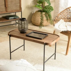 Table basse en teck et métal bords arrondis 85 cm SWING