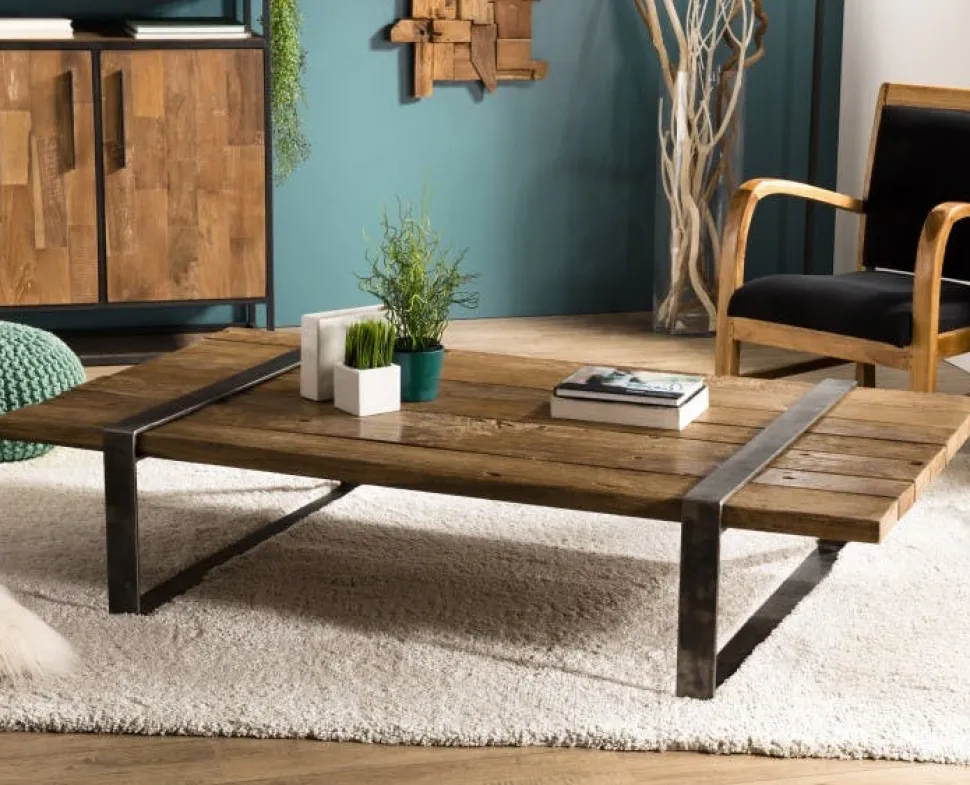 Table basse en Teck recyclé et pieds métal cerclés 164x90x36cm MATT