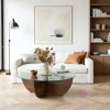 Table basse en verre – pied croix bois brun, 90 cm ANZIO