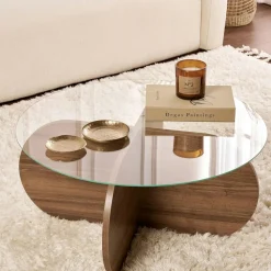 Table basse en verre - pied en croix effet noyer SALTA