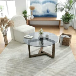 Table basse en verre - pied 3 branches, bois brun ANZIO