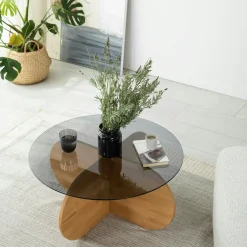 Table basse en verre – pied en croix bois brun ANZIO