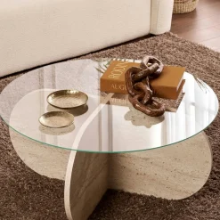 Table basse en verre - pied en croix effet chêne clair SALTA