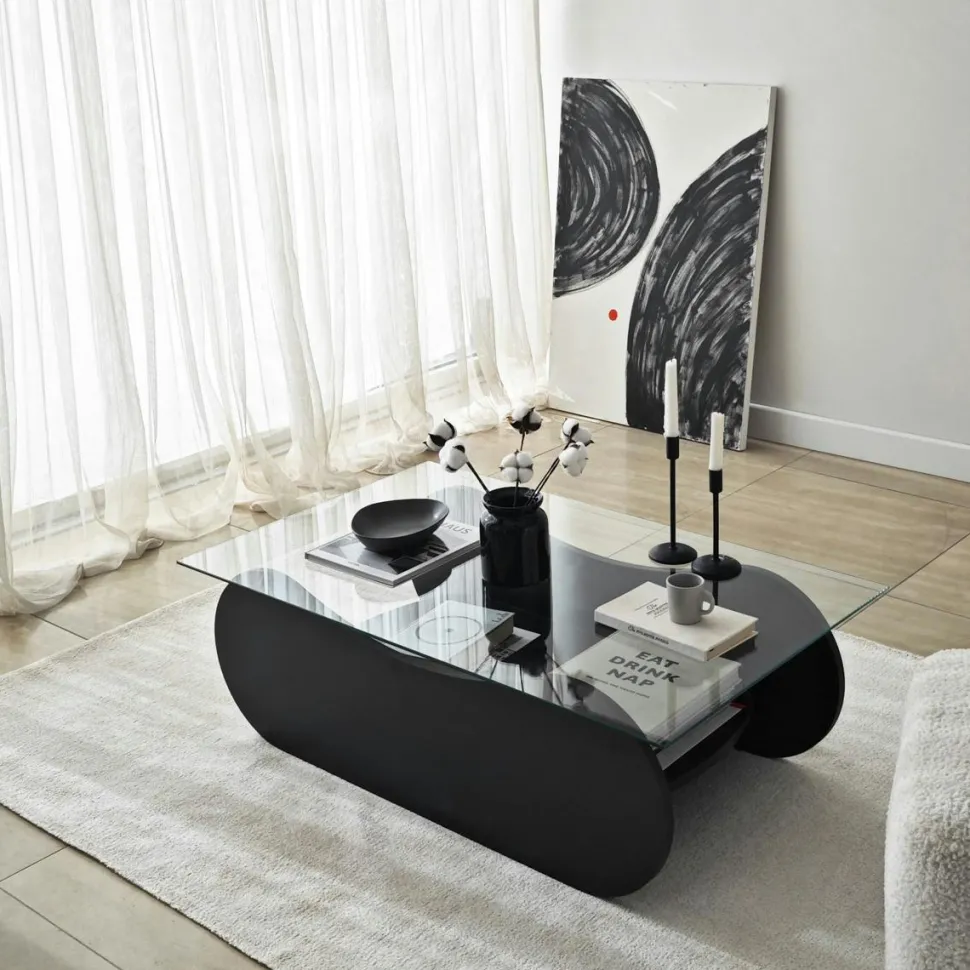 Table basse en verre, base luge noire avec rangement SALTA
