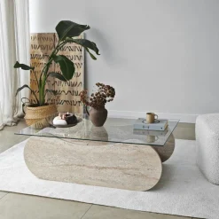 Table basse en verre, base luge noire avec rangement SALTA