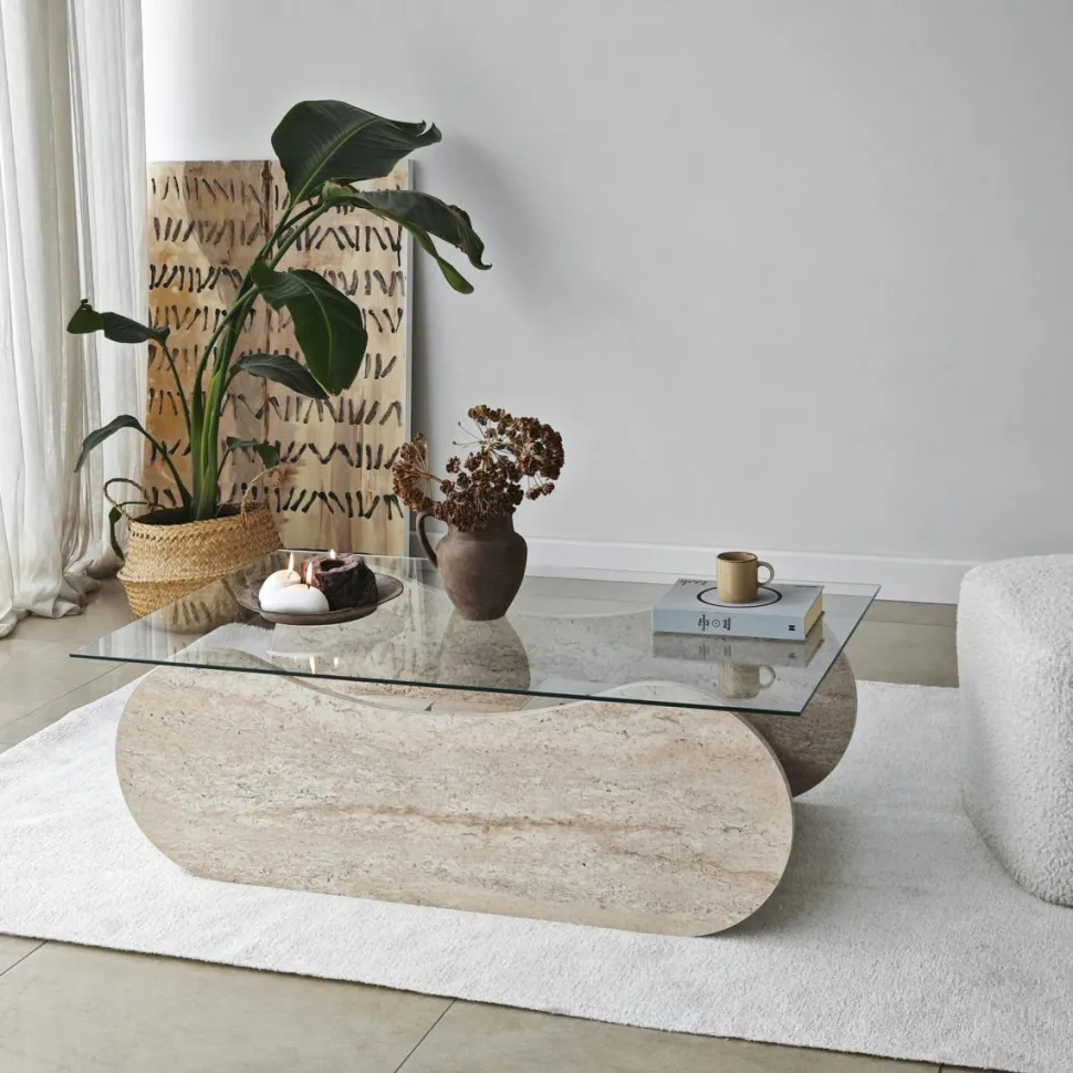 Table basse en verre, base luge noire avec rangement SALTA