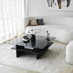 Table basse en verre carrée, base effet bois SALTA