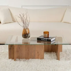 Table basse en verre déstructurée – base effet bois SALTA