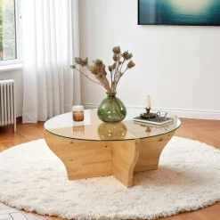 Table basse en verre et bois clair - pied en X, ANZIO