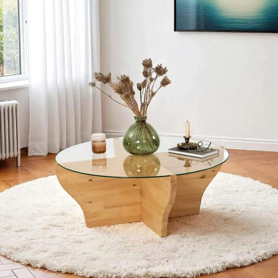 Table basse en verre et bois gris foncé - pied en X, ANZIO