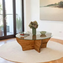 Table basse en verre et bois marron - pied en X, ANZIO