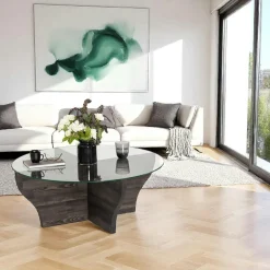 Table basse en verre et bois marron - pied en X, ANZIO