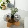 Table basse en verre fumé – pied en croix bois clair ANZIO