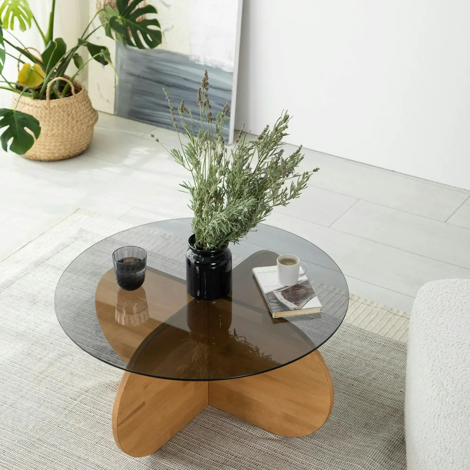 Table basse en verre fumé – pied en croix bois clair ANZIO