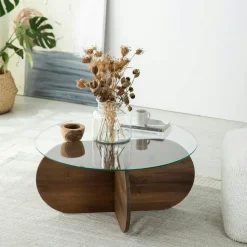Table basse en verre fumé – pied en croix bois clair ANZIO