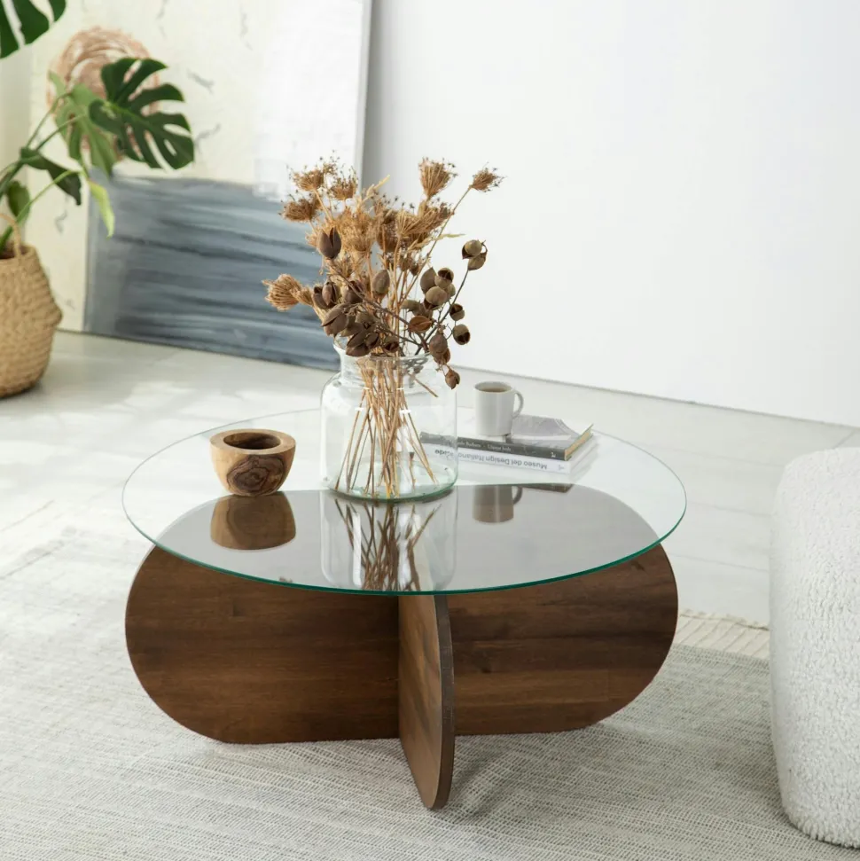 Table basse en verre fumé – pied en croix bois clair ANZIO