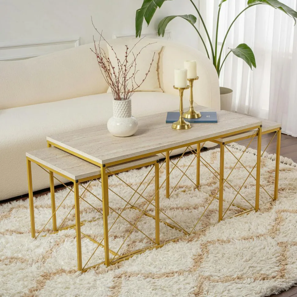 Table basse gigogne effet travertin pied doré (lot de 3) JENA
