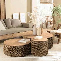 Table basse gigogne ronde en teck et rotin (lot de 3) SWING