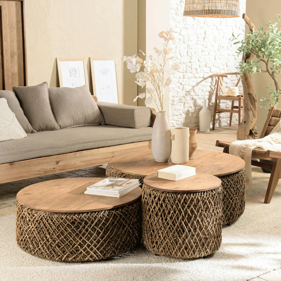 Table basse gigogne ronde en teck et rotin (lot de 3) SWING