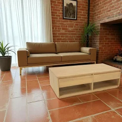 Table basse Hévéa 2 tiroirs traversants, 2 niches basses sous tiroirs 120x60x40cm BALTIC