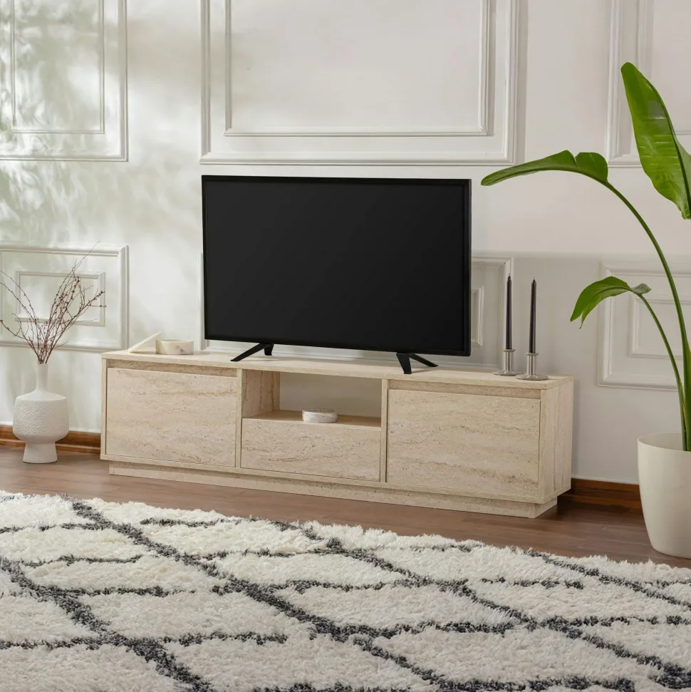 Table basse moderne effet travertin - 2 hauteurs MARFA