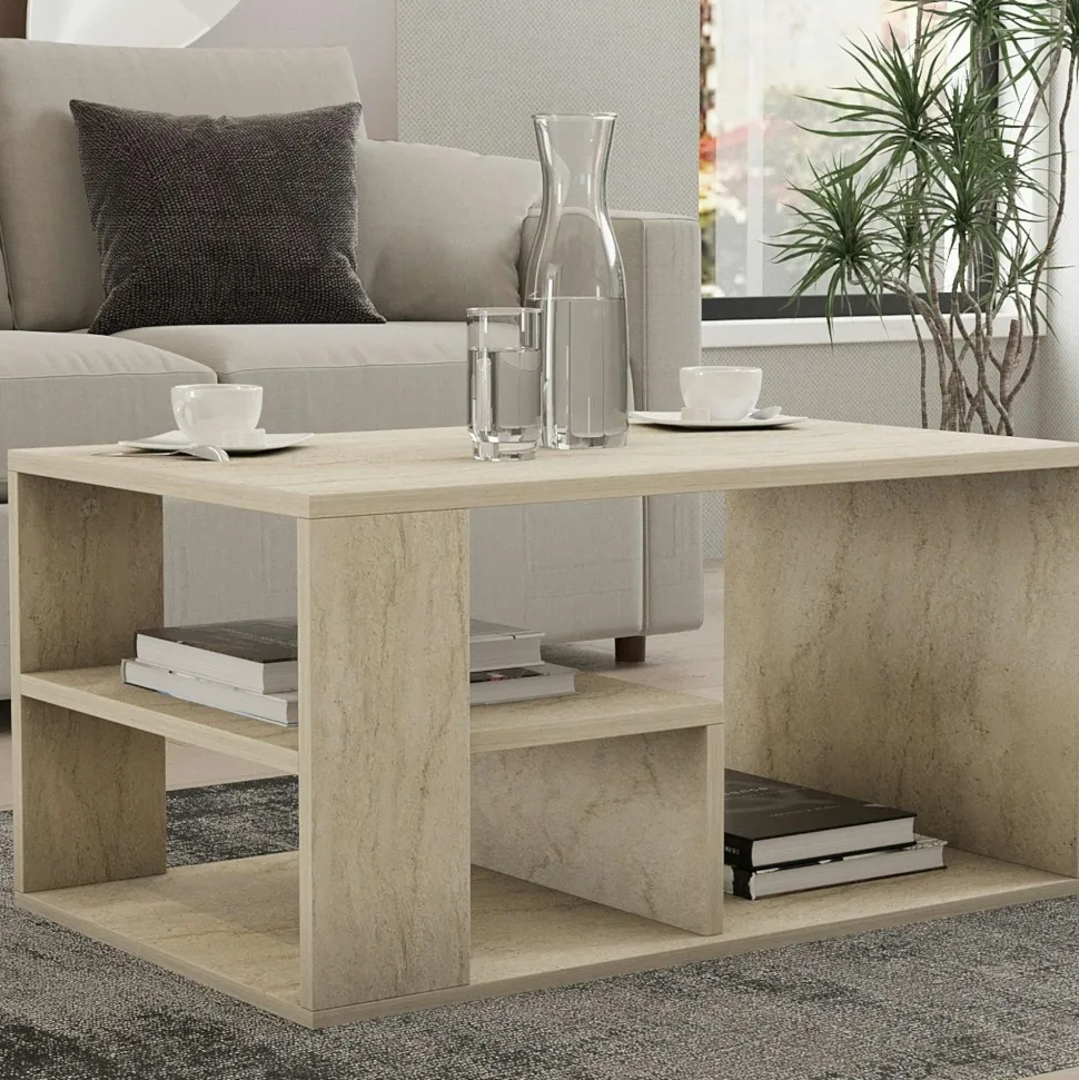 Table basse moderne effet travertin - 2 hauteurs MARFA
