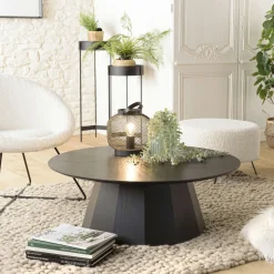 Table basse moderne ronde bois - métal noir CORUMBA