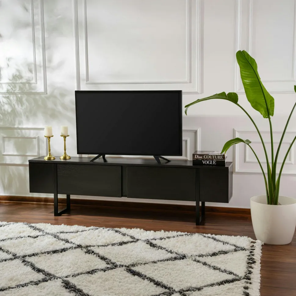 Table basse noire plateau verre – pied croix effet bois SALTA