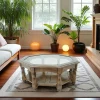 Table basse Octogonale Hévéa double plateaux, 1 plateau haut verre, 1 plateau bas bois D100xH40cm TRADITION