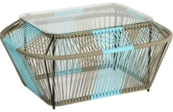 Table basse rectangulaire en métal et verre, turquoise et naturel 88x60x40cm