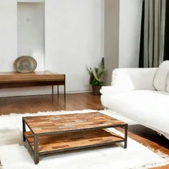 Table basse rectangulaire double plateaux bois recyclée 120x70x35cm CARAVELLE