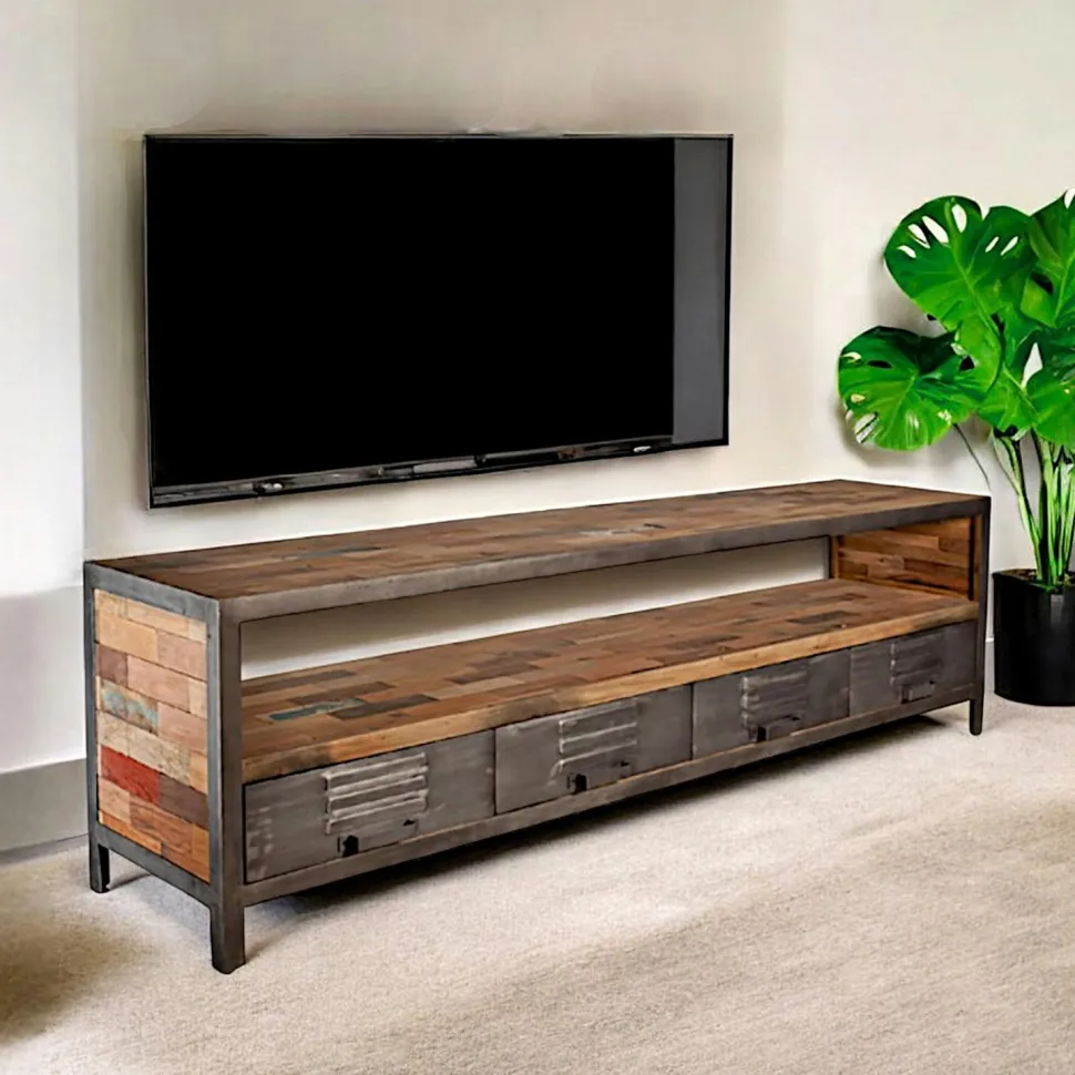 Table basse rectangulaire double plateaux bois recyclée 120x70x35cm CARAVELLE