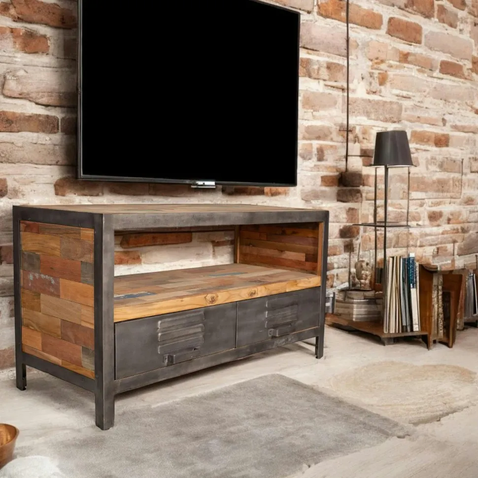 Table basse rectangulaire double plateaux bois recyclée 120x70x35cm CARAVELLE