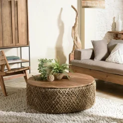 Table basse ronde 98 cm fibre tressée et bois SWING