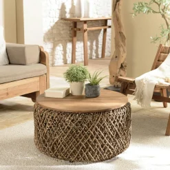 Table basse ronde 70 cm fibre tressée et bois SWING