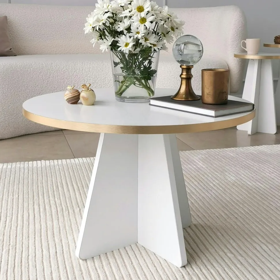 Table basse ronde blanche & pieds forme trapèze MARFA