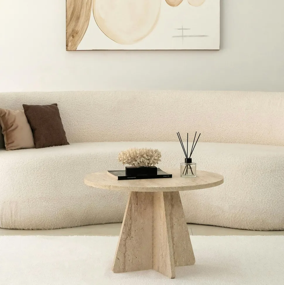 Table basse ronde blanche & pieds forme trapèze MARFA