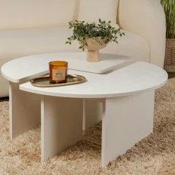 Table basse ronde blanche effet bois - design puzzle MARFA