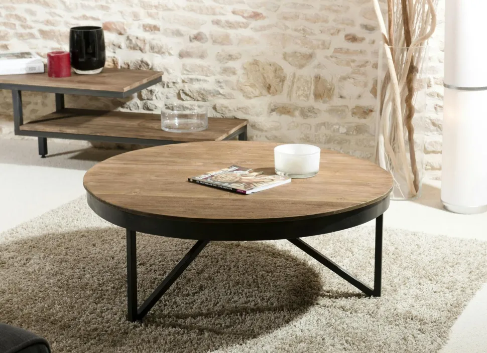 Table basse ronde bois de teck recyclé métal noir grand modèle SWING