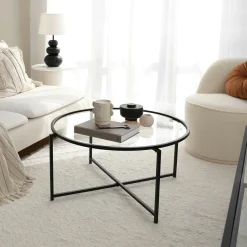 Table basse ronde design - verre & métal noir TULUM