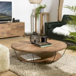 Table basse ronde double plateau métal noir D 120 cm SWING