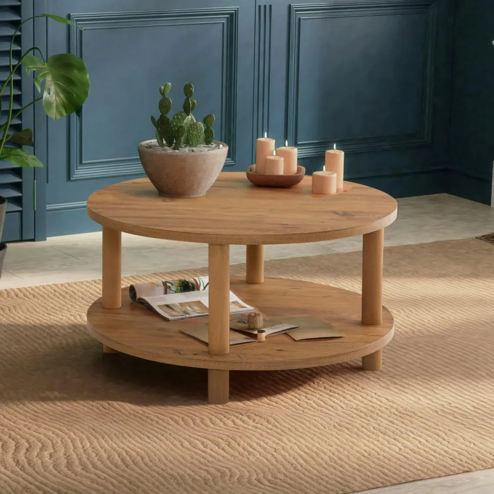 Table basse ronde double plateau effet bois de pin MARFA
