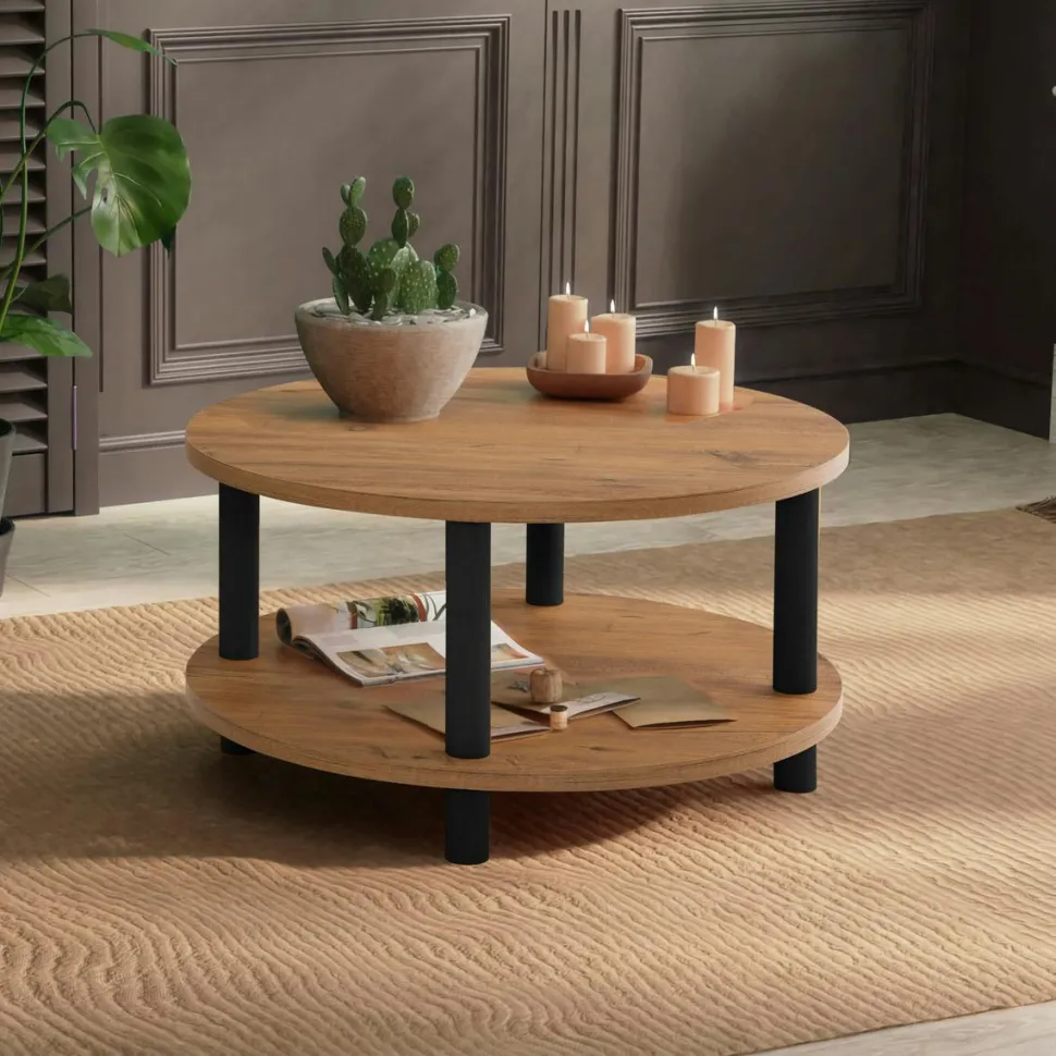 Table basse ronde double plateau effet bois de pin MARFA
