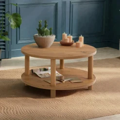 Table basse ronde double plateau effet pin détail noir MARFA