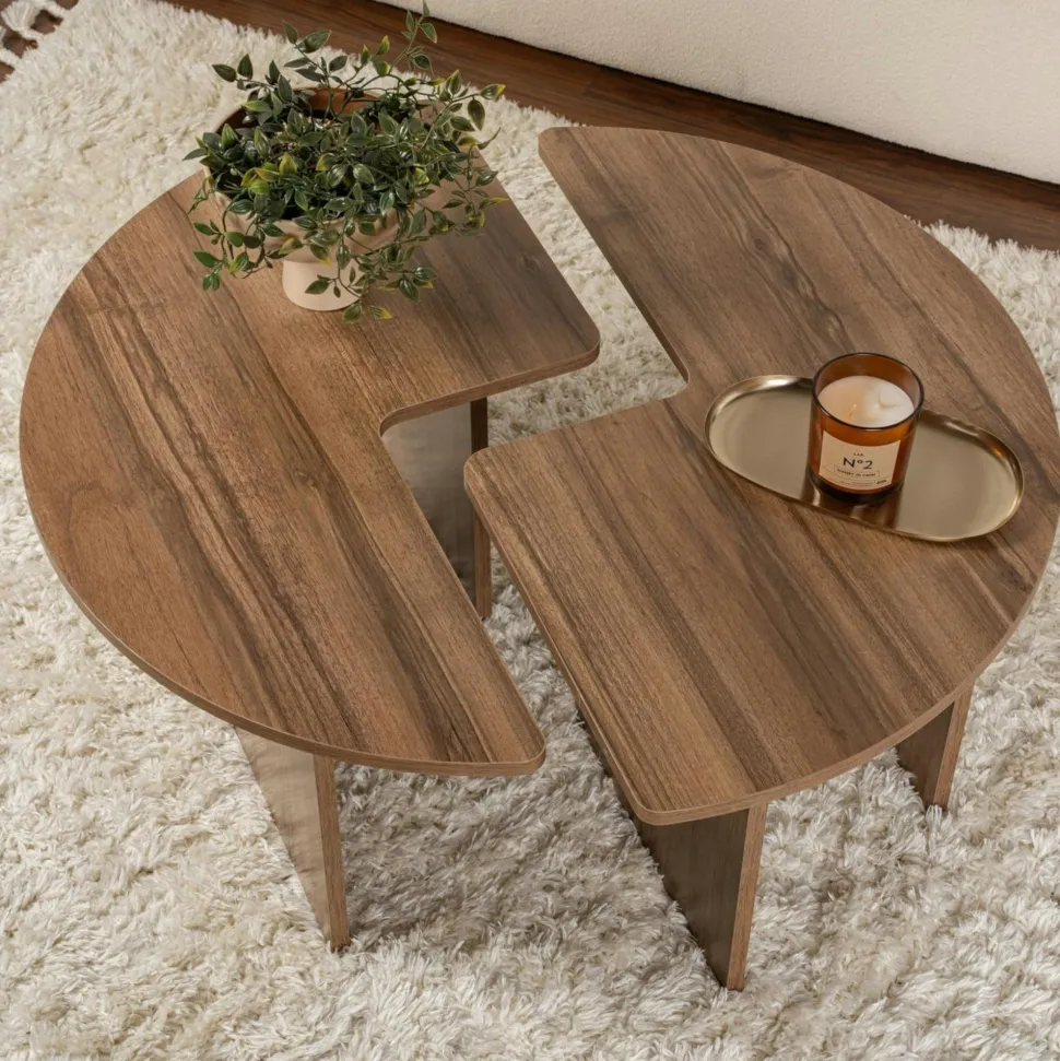 Table basse ronde effet bois de noyer - design puzzle MARFA