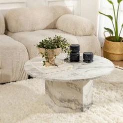 Table basse ronde effet marbre – pied hexagonal MARFA