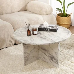 Table basse ronde effet marbre – pied croisé design MARFA