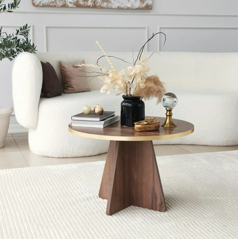Table basse ronde effet noyer & pieds trapèze MARFA