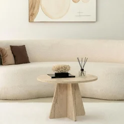 Table basse ronde effet travertin & pieds trapèze MARFA