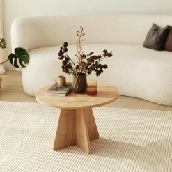 Table basse ronde effet travertin & pieds trapèze MARFA